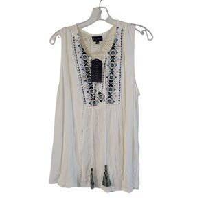 Blue and White Sleeveless Embellished Blouse